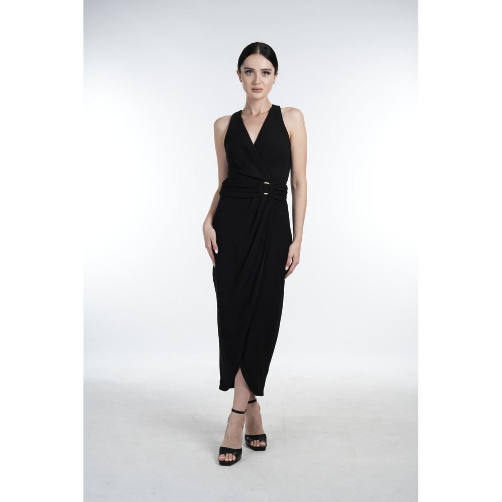 GUESS Womens Black Sleeveless Wrap Midi Dress Gold Ring Detail Size 16